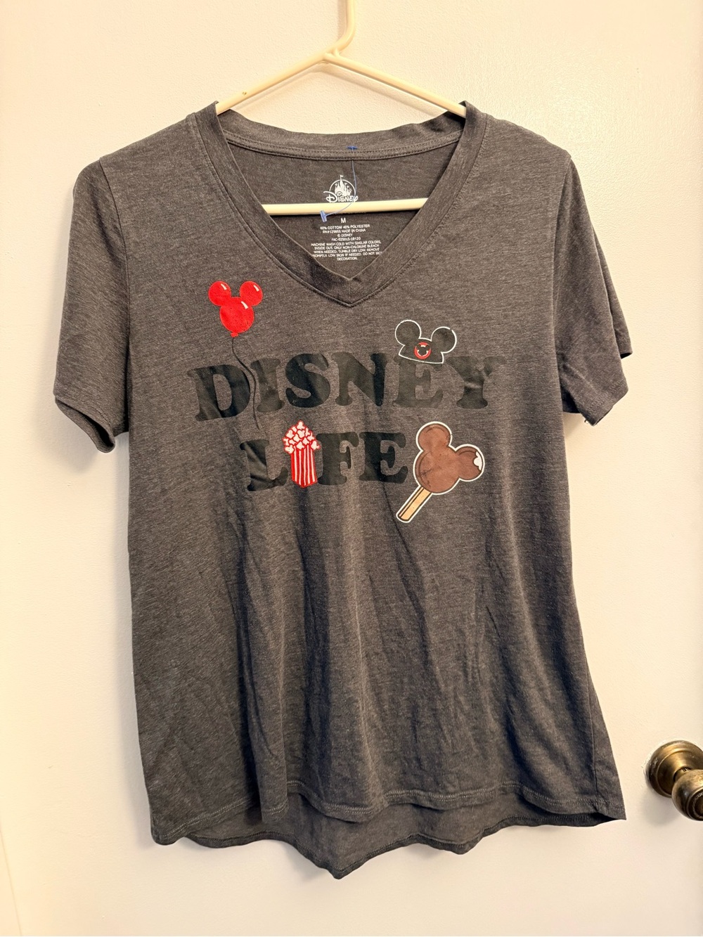 Disney Charcoal Gray V-Neck Tee with Red Accent Icons